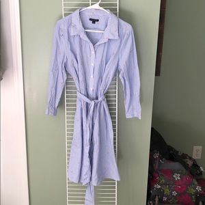 Belted Shirt dress blue stripe with pink flower